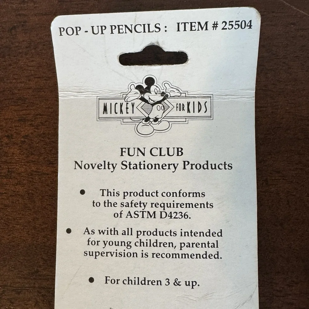 NOS Vintage Mickey For Kids Fun Club Pop Up Pencil With Eraser.  Taiwan